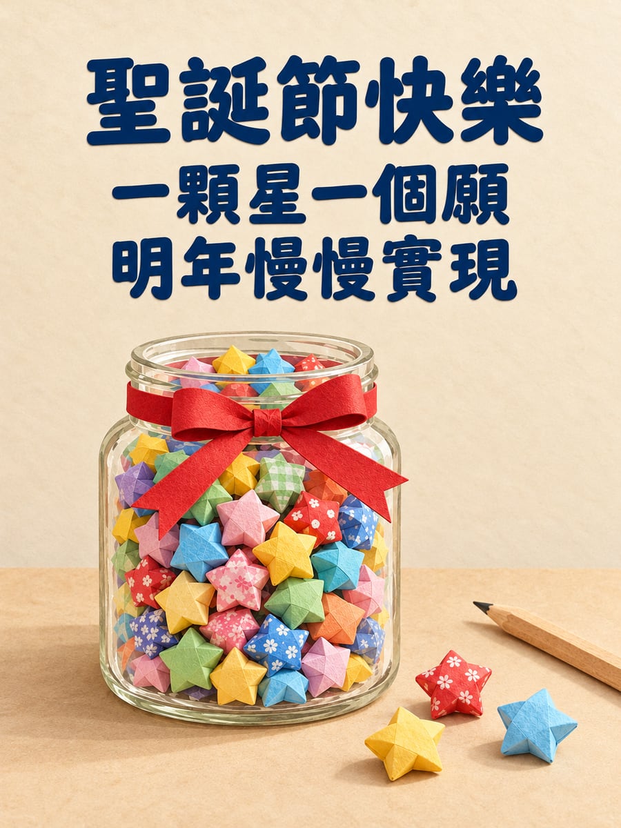 摺紙星星罐。圖中文字：聖誕節快樂，一顆星一個願，明年慢慢實現