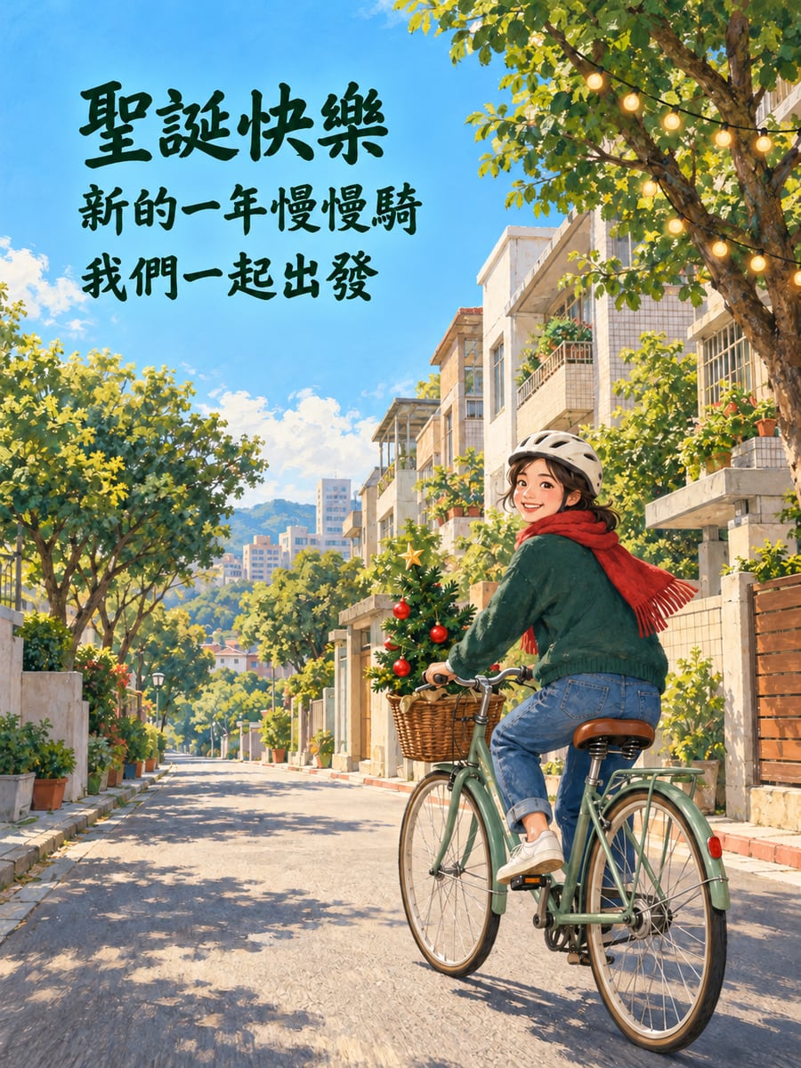 腳踏車載著小聖誕樹。圖中文字：聖誕快樂，新的一年慢慢騎，我們一起出發