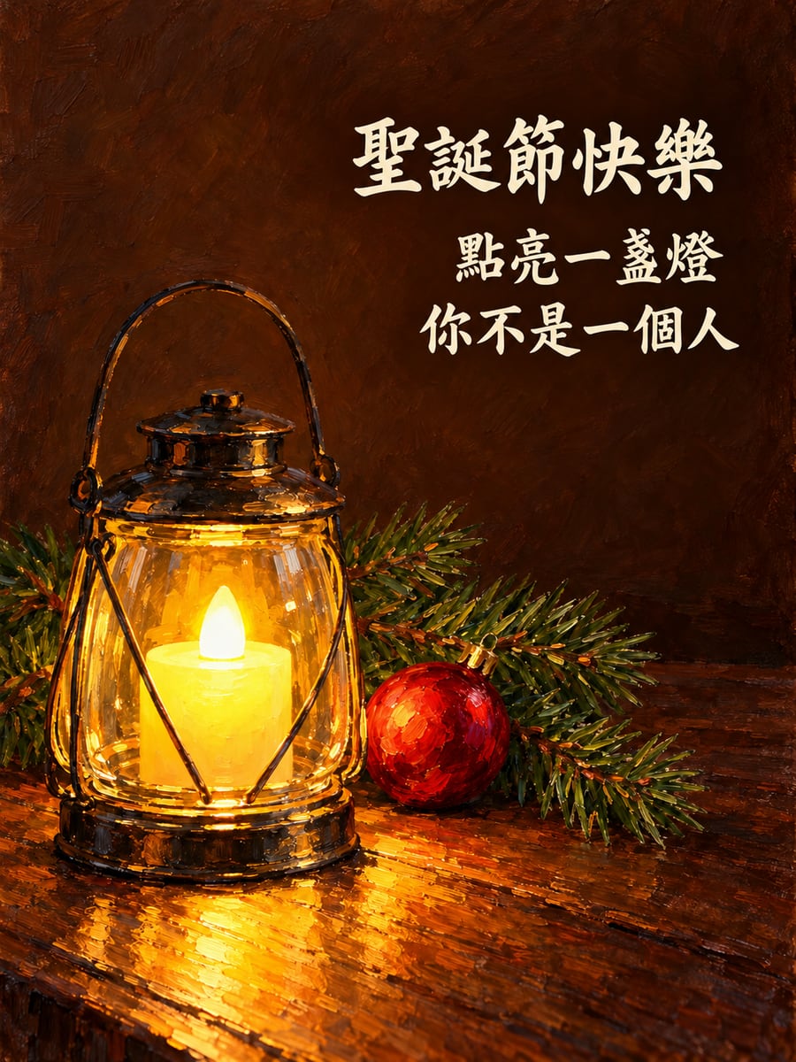 小提燈裡的暖光。圖中文字：聖誕節快樂，點亮一盞燈，你不是一個人