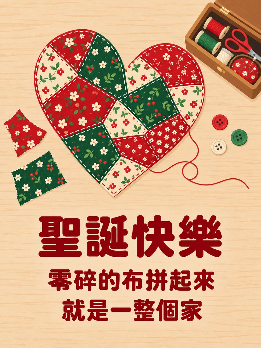 碎花布拼成的愛心。圖中文字：聖誕快樂，零碎的布拼起來，就是一整個家