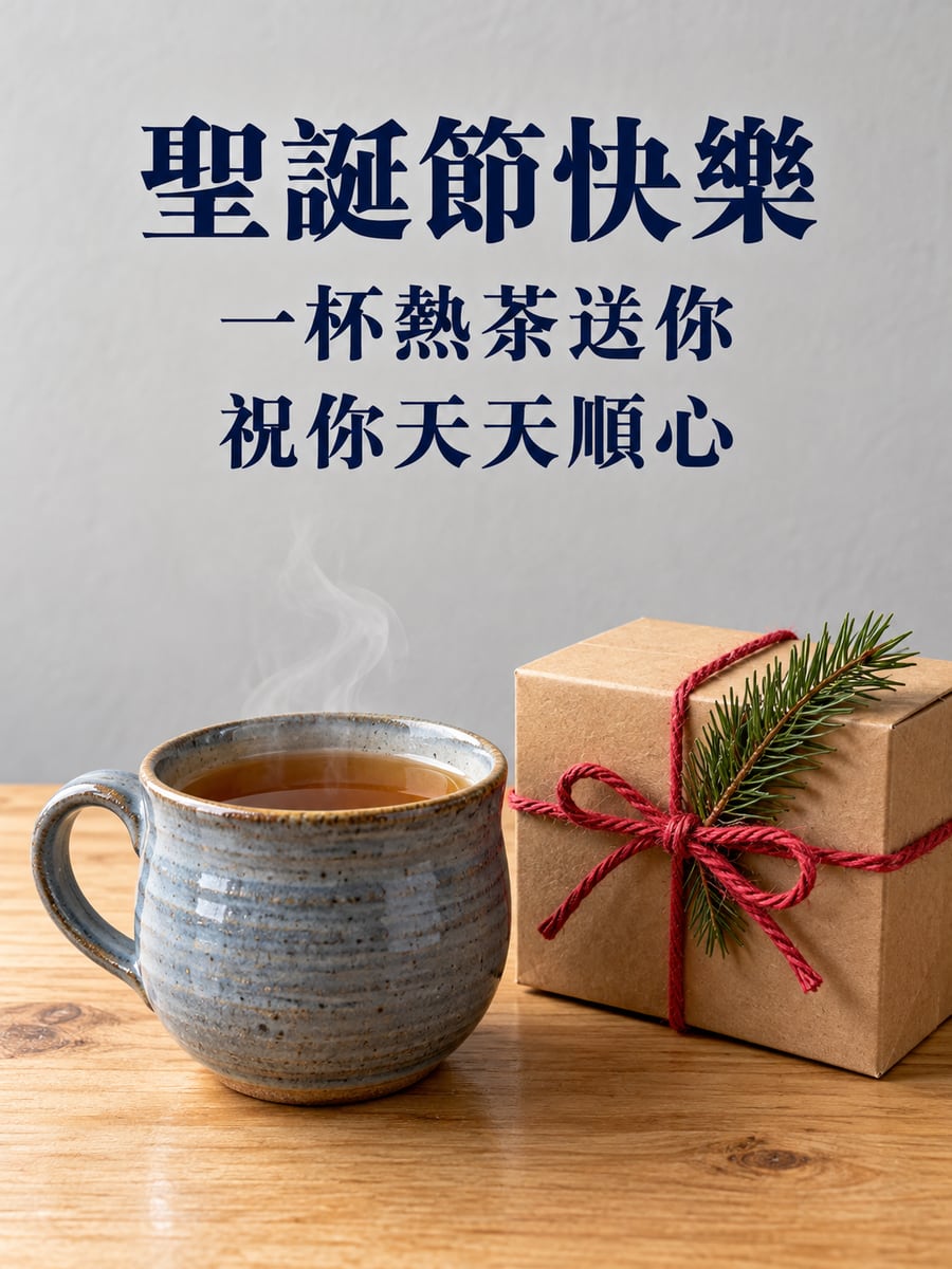 陶杯與茶包禮盒。圖中文字：聖誕節快樂，一杯熱茶送你，祝你天天順心