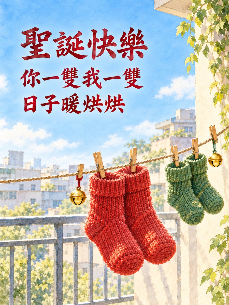 兩雙毛襪並排曬太陽。圖中文字：聖誕快樂，你一雙我一雙，日子暖烘烘