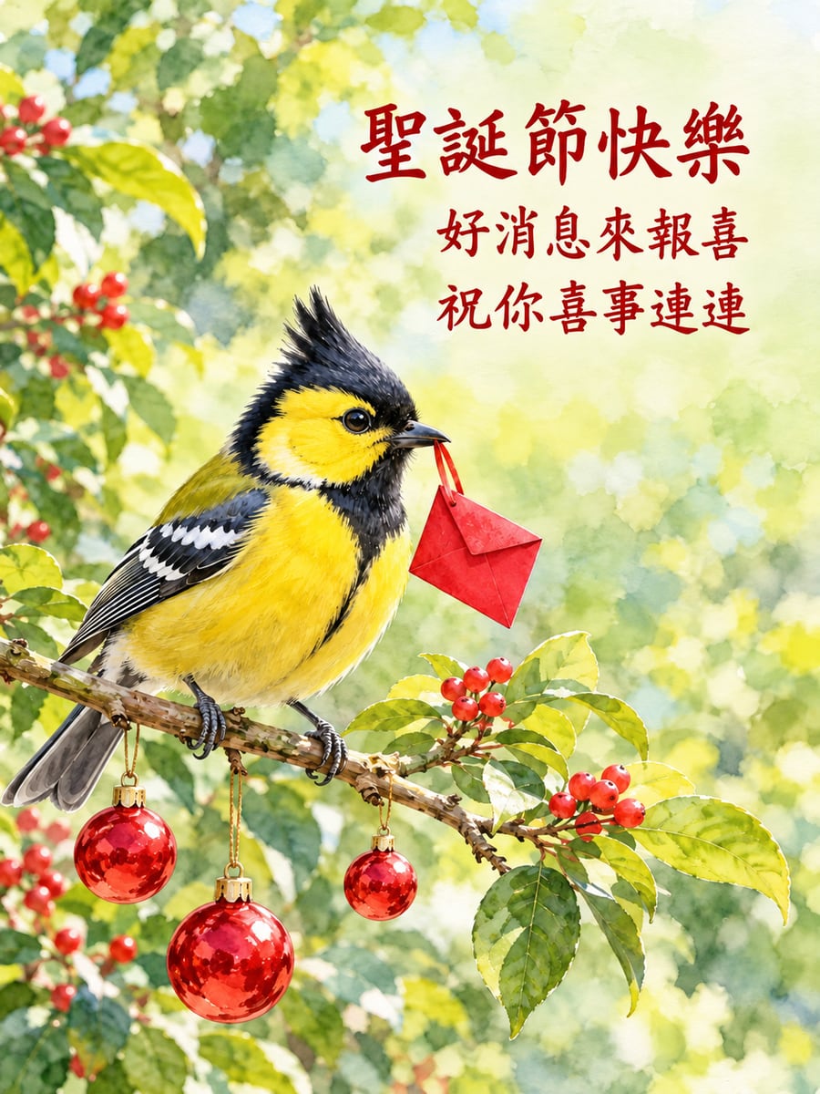 黃山雀停在彩球枝頭。圖中文字：聖誕節快樂，好消息來報喜，祝你喜事連連