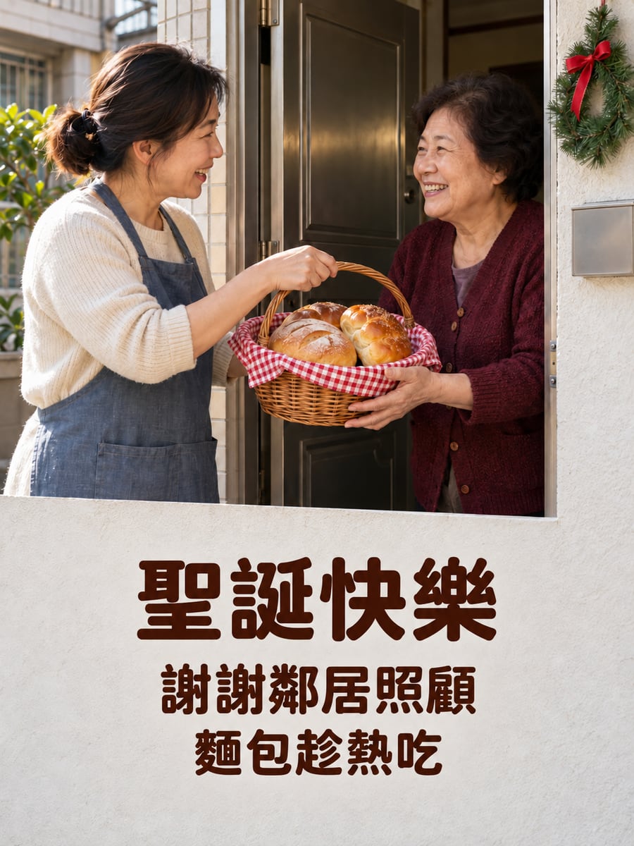 送給鄰居的麵包籃。圖中文字：聖誕快樂，謝謝鄰居照顧，麵包趁熱吃