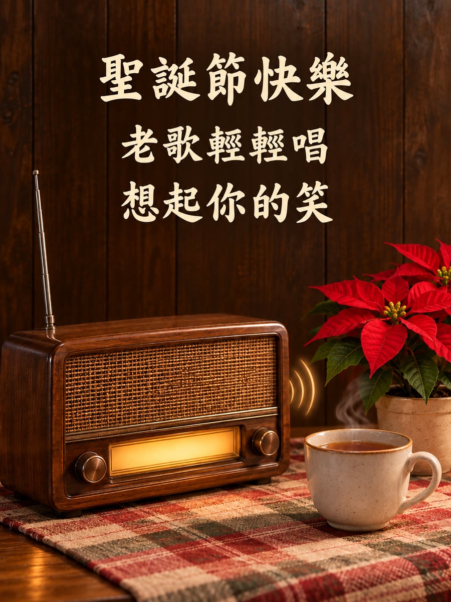 老收音機播著聖誕歌。圖中文字：聖誕節快樂，老歌輕輕唱，想起你的笑