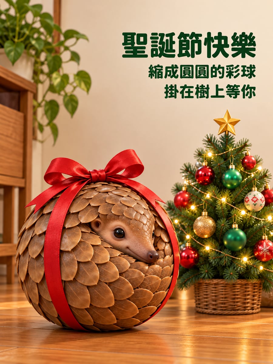 穿山甲縮成彩球。圖中文字：聖誕節快樂，縮成圓圓的彩球，掛在樹上等你