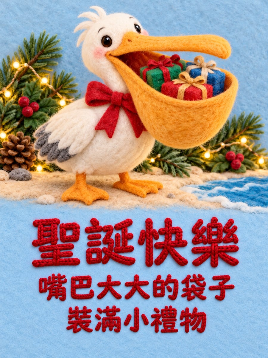 鵜鶘嘴袋裡的禮物。圖中文字：聖誕快樂，嘴巴大大的袋子，裝滿小禮物