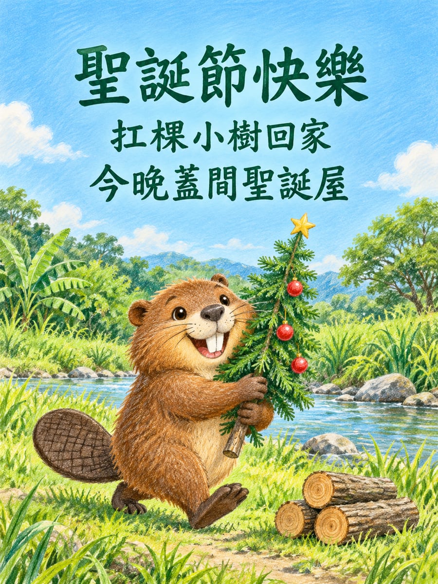 河狸扛著小聖誕樹。圖中文字：聖誕節快樂，扛棵小樹回家，今晚蓋間聖誕屋