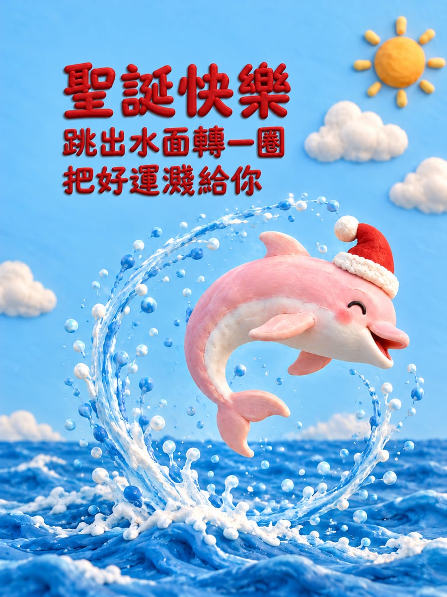 白海豚戴著聖誕帽。圖中文字：聖誕快樂，跳出水面轉一圈，把好運濺給你