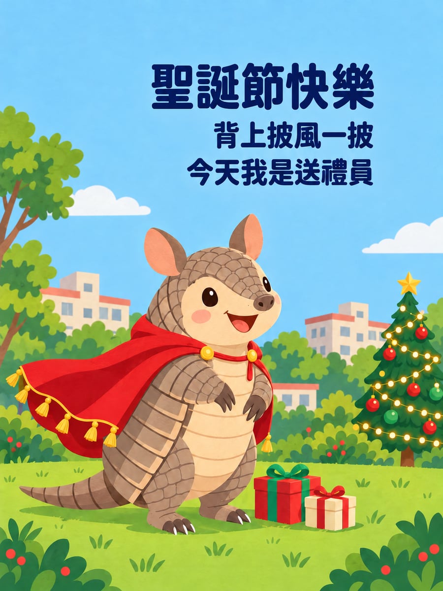 犰狳披上紅披風。圖中文字：聖誕節快樂，背上披風一披，今天我是送禮員