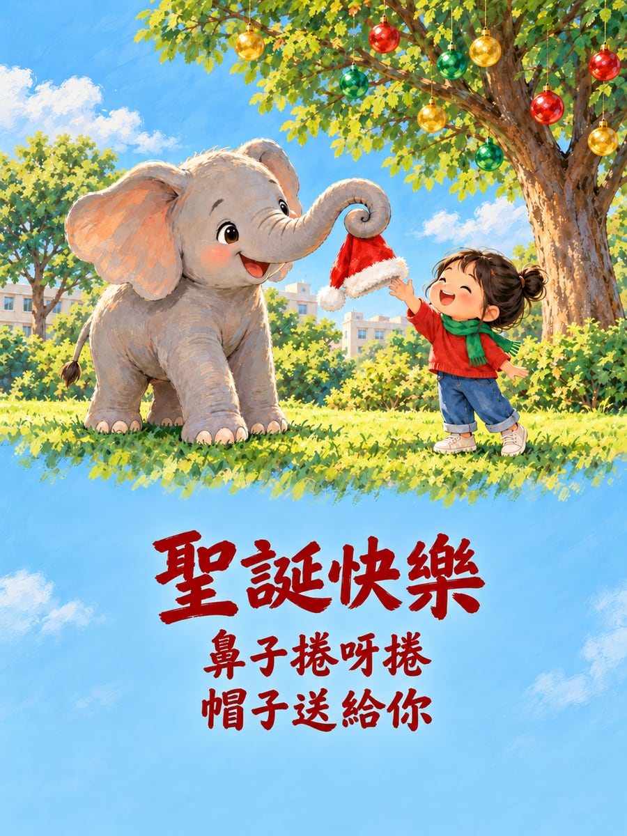 小象鼻子捲著聖誕帽。圖中文字：聖誕快樂，鼻子捲呀捲，帽子送給你