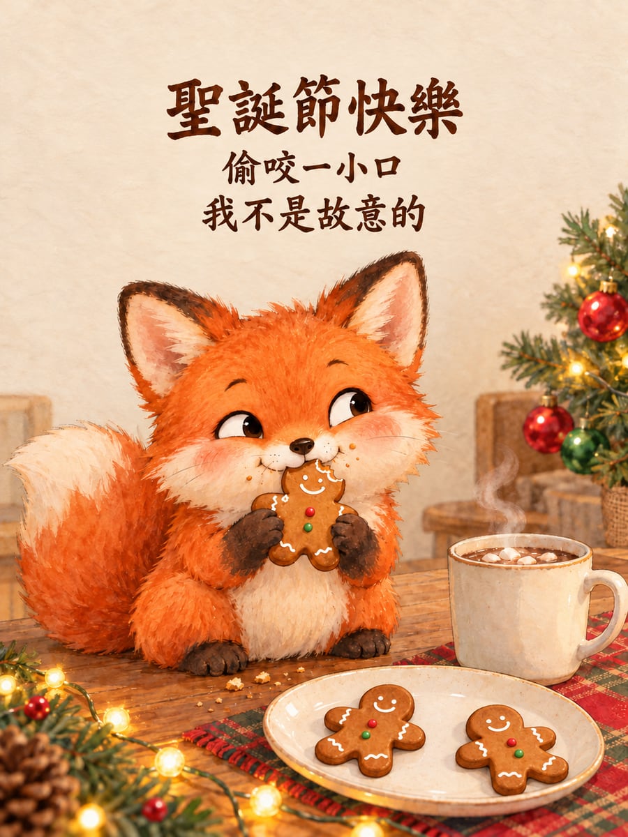 狐狸偷咬薑餅人。圖中文字：聖誕節快樂，偷咬一小口，我不是故意的
