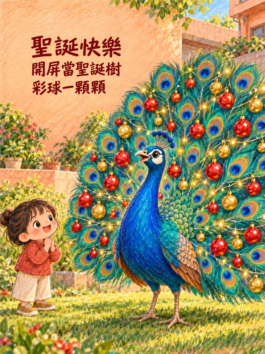 孔雀開屏掛滿彩球。圖中文字：聖誕快樂，開屏當聖誕樹，彩球一顆顆