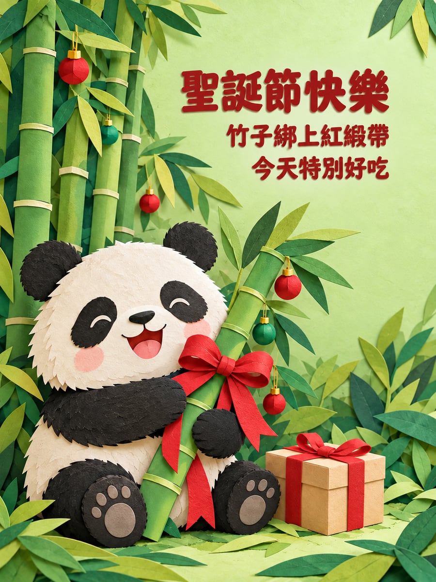 熊貓抱著紮紅緞帶的竹子。圖中文字：聖誕節快樂，竹子綁上紅緞帶，今天特別好吃