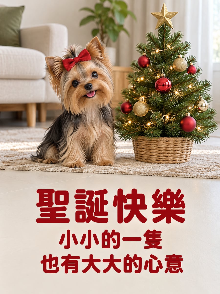 約克夏戴著紅蝴蝶結。圖中文字：聖誕快樂，小小的一隻，也有大大的心意