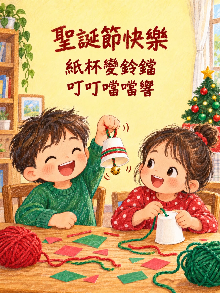 紙杯做的小鈴鐺。圖中文字：聖誕節快樂，紙杯變鈴鐺，叮叮噹噹響