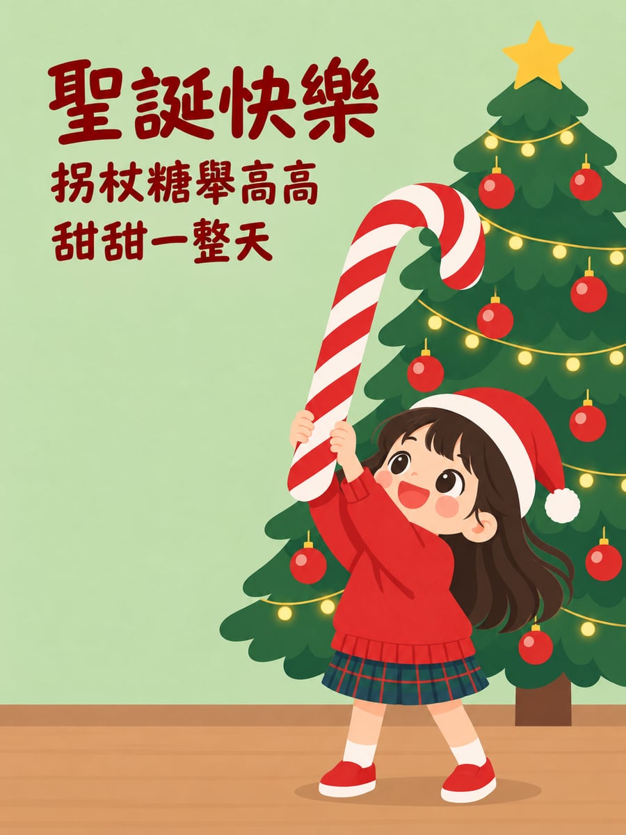 小女孩舉著大拐杖糖。圖中文字：聖誕快樂，拐杖糖舉高高，甜甜一整天