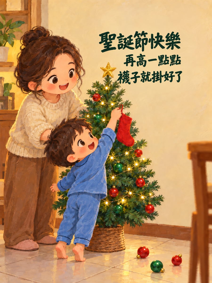 踮腳掛襪子的小男孩。圖中文字：聖誕節快樂，再高一點點，襪子就掛好了