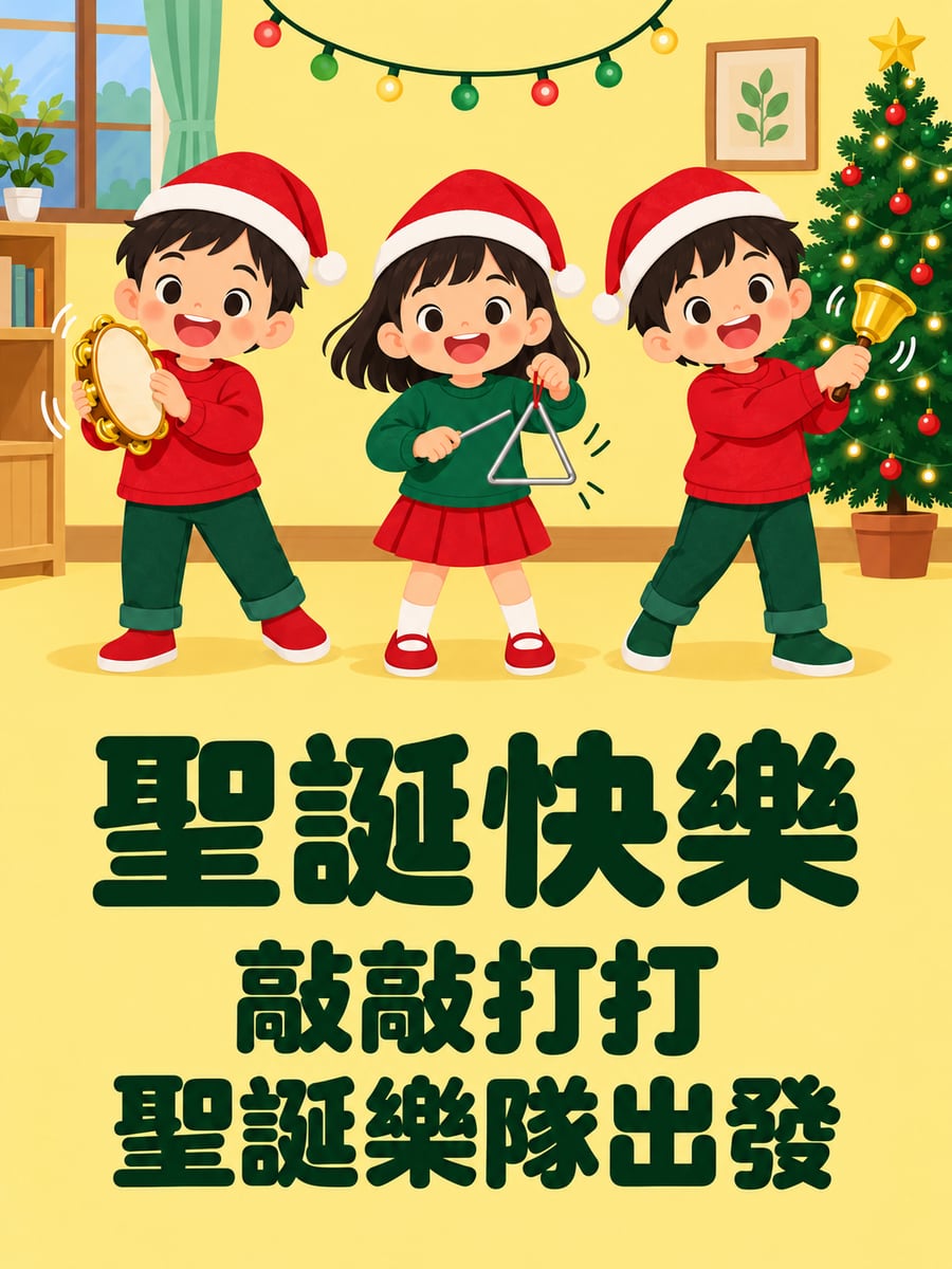 小朋友的鈴鼓樂隊。圖中文字：聖誕快樂，敲敲打打，聖誕樂隊出發