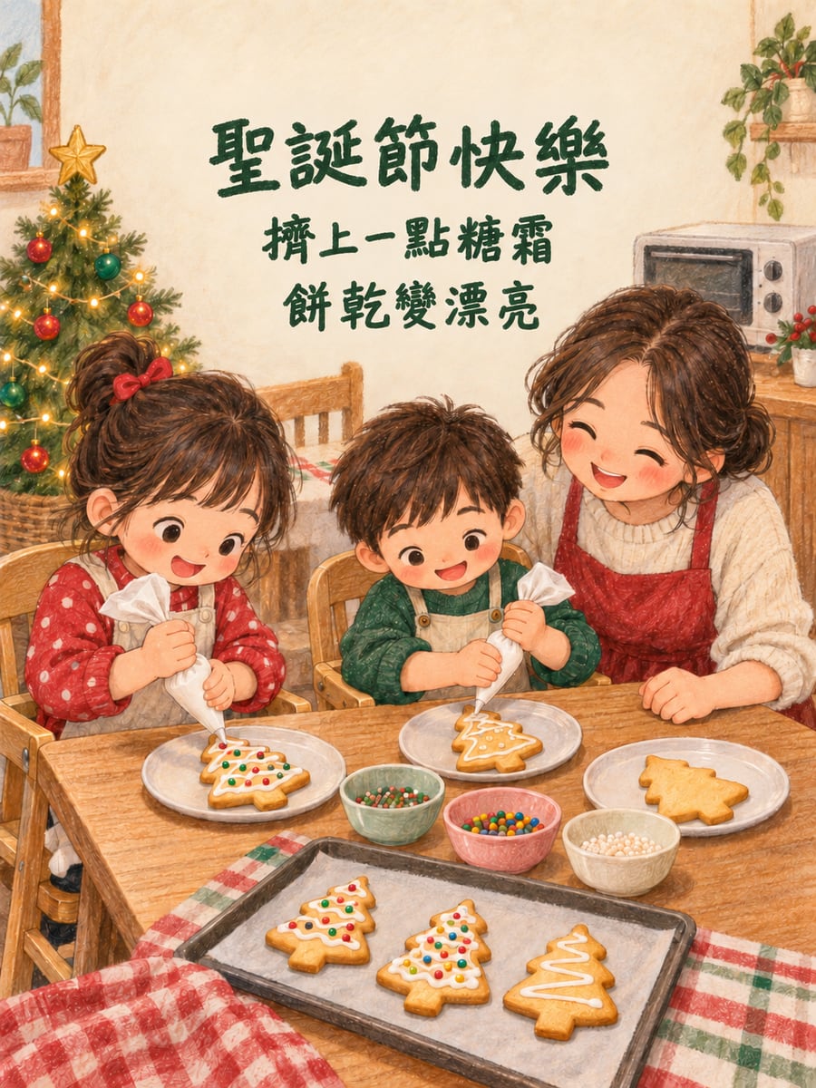 姊弟裝飾餅乾。圖中文字：聖誕節快樂，擠上一點糖霜，餅乾變漂亮