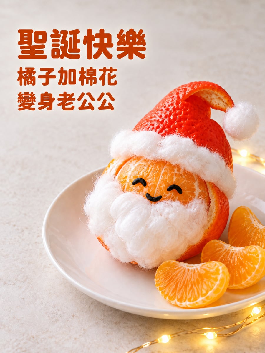橘子變成聖誕老公公。圖中文字：聖誕快樂，橘子加棉花，變身老公公