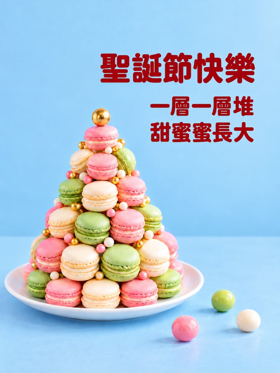 馬卡龍堆成的聖誕樹。圖中文字：聖誕節快樂，一層一層堆，甜蜜蜜長大