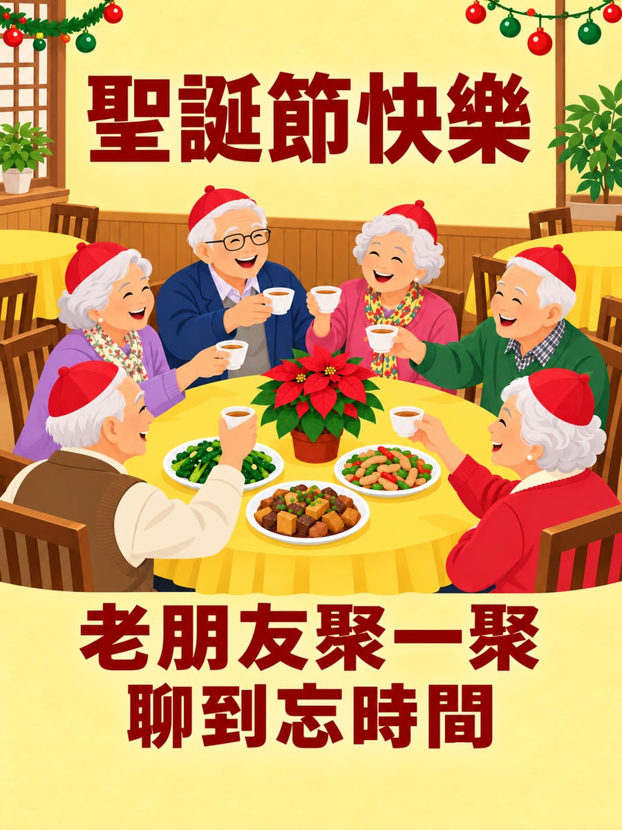 老同學圓桌聚會。圖中文字：聖誕節快樂，老朋友聚一聚，聊到忘時間