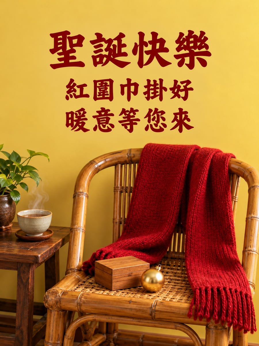竹椅上的紅圍巾。圖中文字：聖誕快樂，紅圍巾掛好，暖意等您來