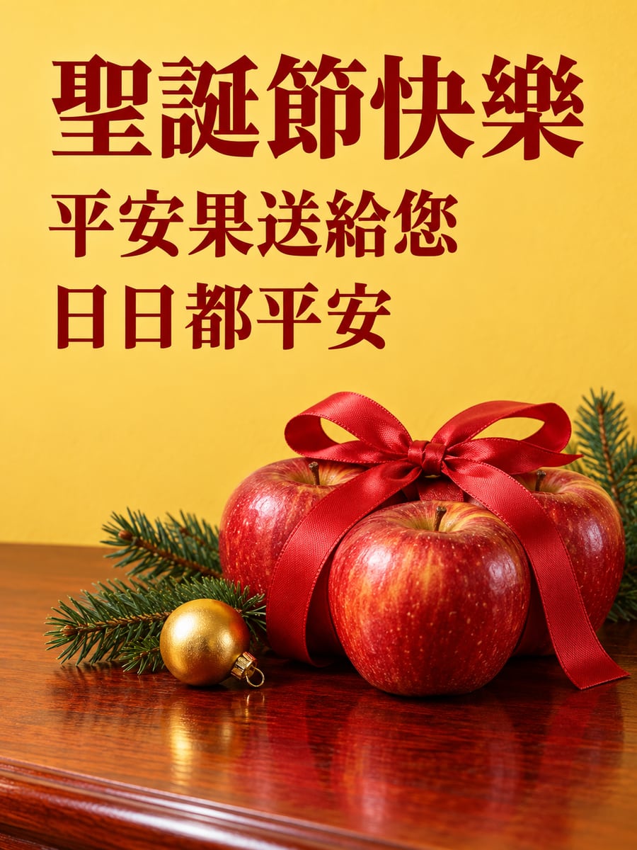 三顆平安果。圖中文字：聖誕節快樂，平安果送給您，日日都平安