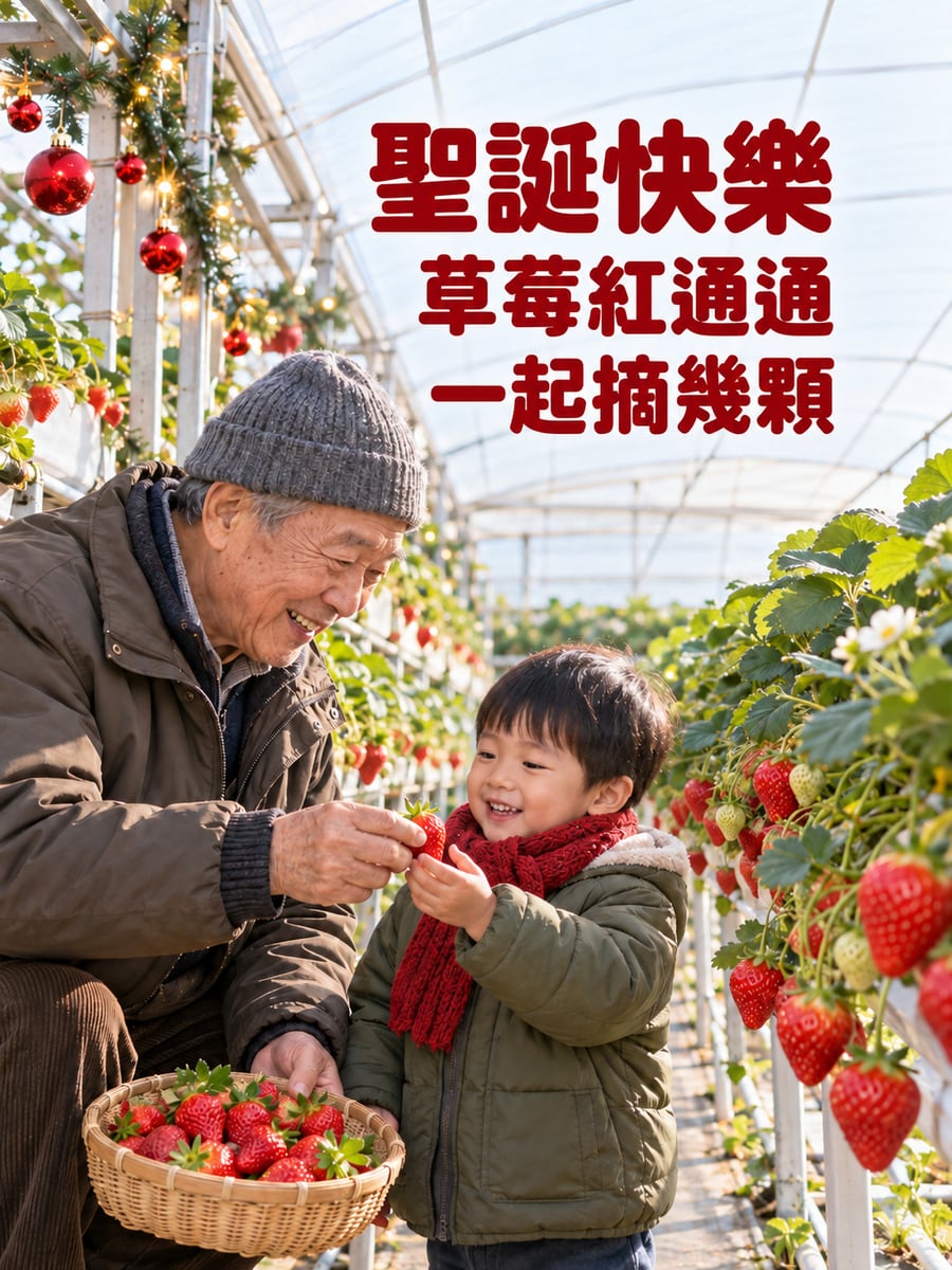 草莓園裡紅通通。圖中文字：聖誕快樂，草莓紅通通，一起摘幾顆