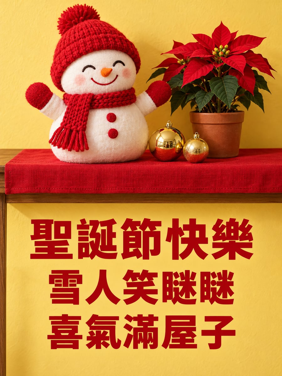 紅桌巾上的雪人玩偶。圖中文字：聖誕節快樂，雪人笑瞇瞇，喜氣滿屋子
