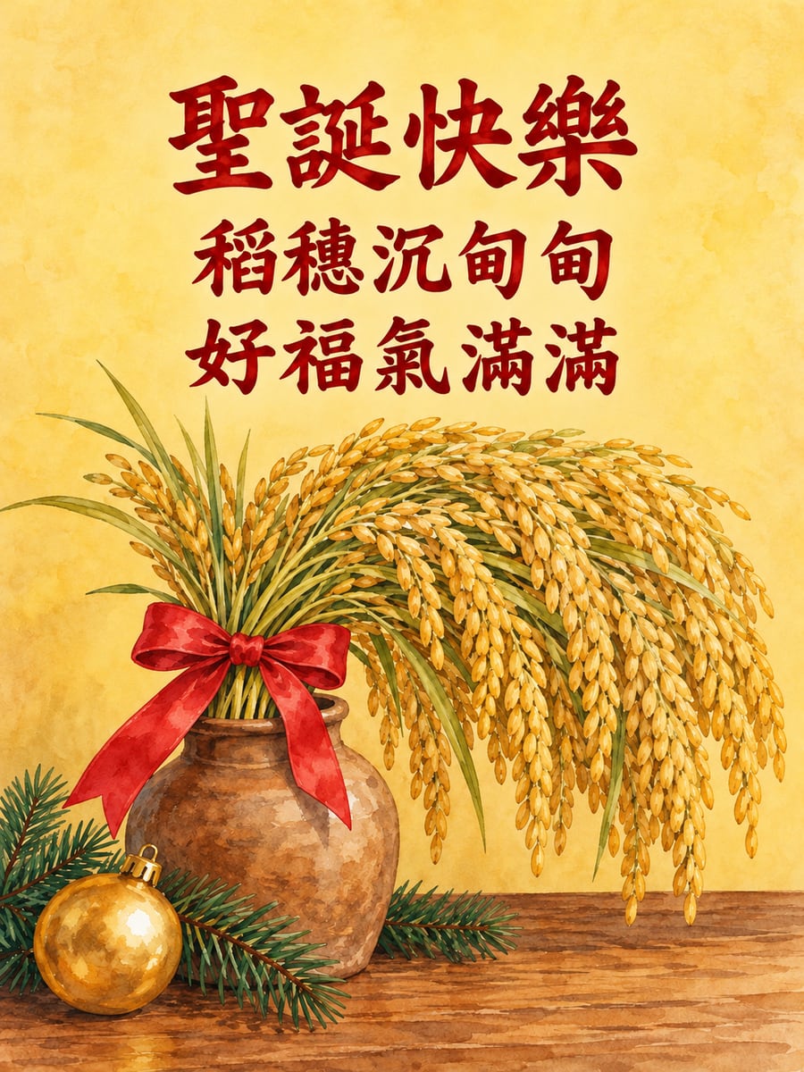 金黃稻穗綁紅緞帶。圖中文字：聖誕快樂，稻穗沉甸甸，好福氣滿滿