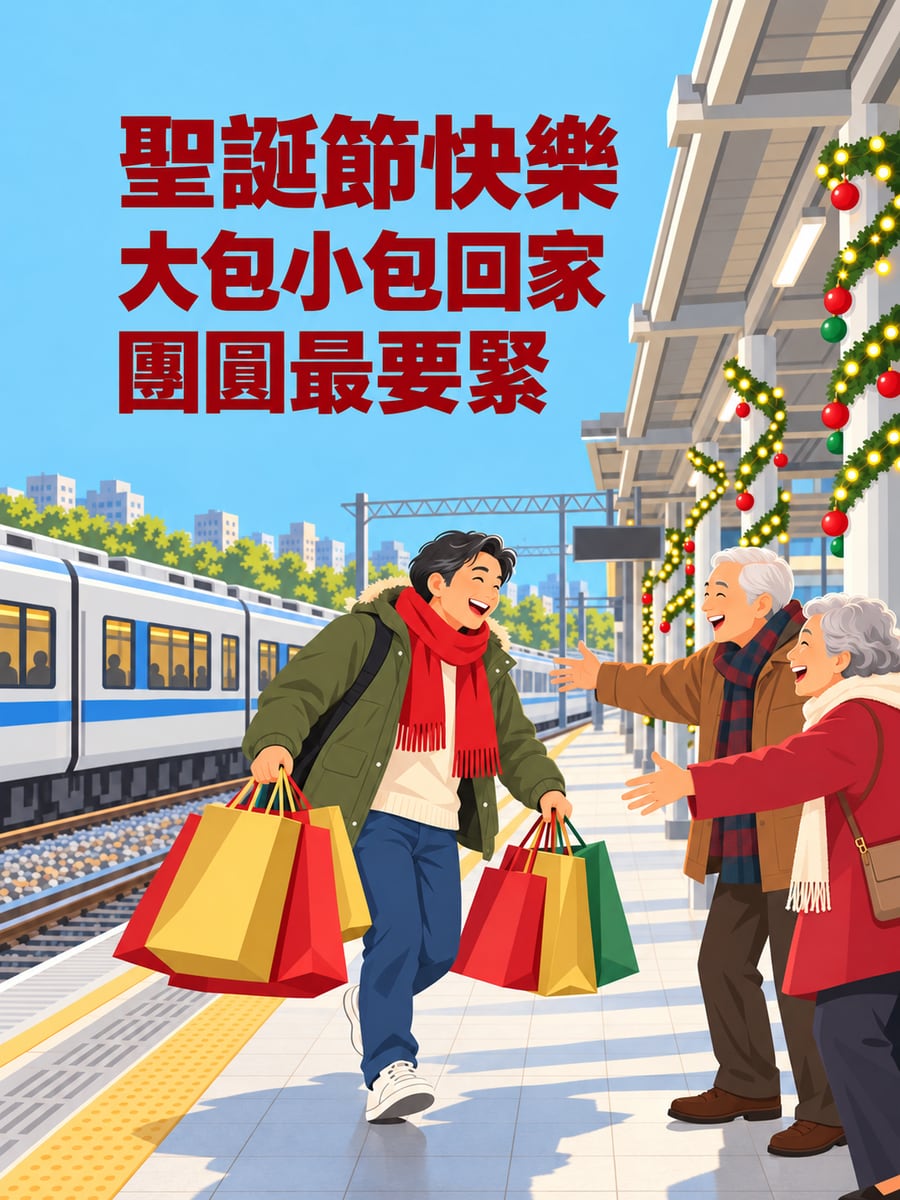提著大包小包回家。圖中文字：聖誕節快樂，大包小包回家，團圓最要緊