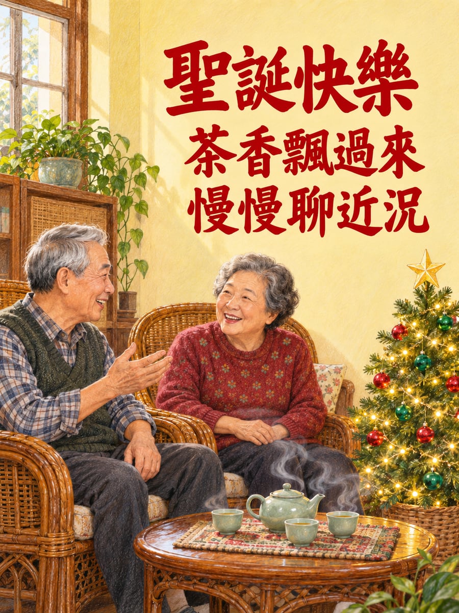 聖誕樹旁的茶具。圖中文字：聖誕快樂，茶香飄過來，慢慢聊近況