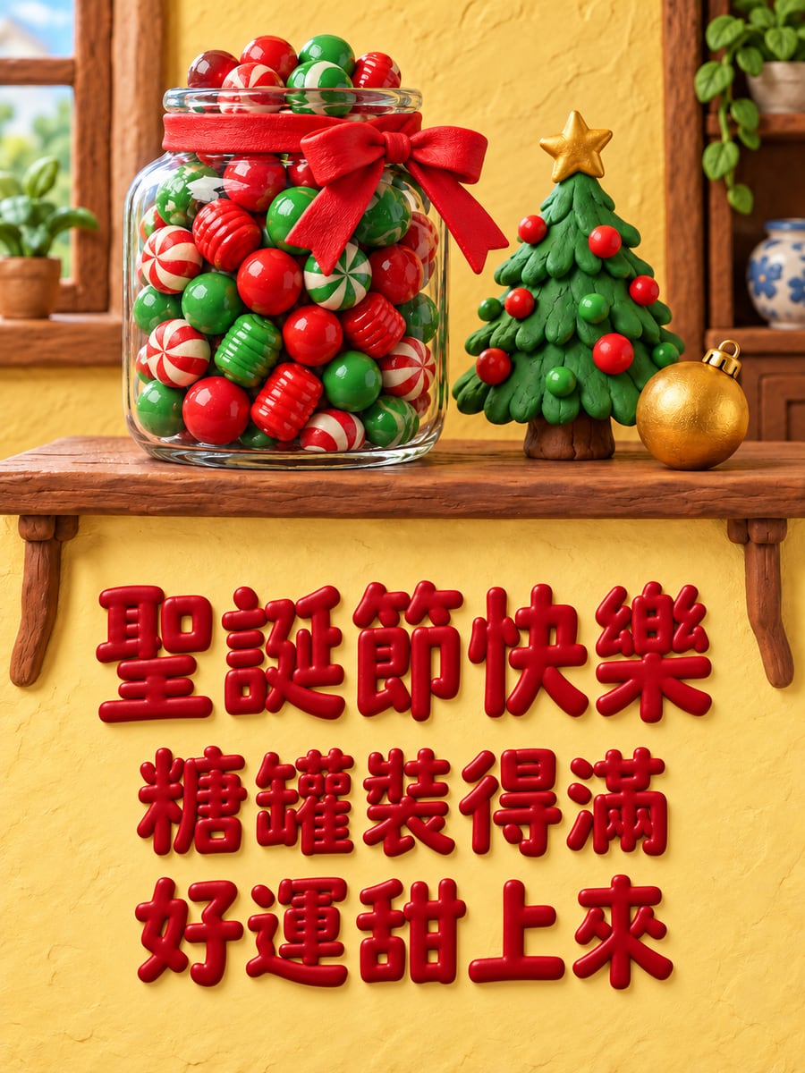 裝滿糖果的玻璃罐。圖中文字：聖誕節快樂，糖罐裝得滿，好運甜上來