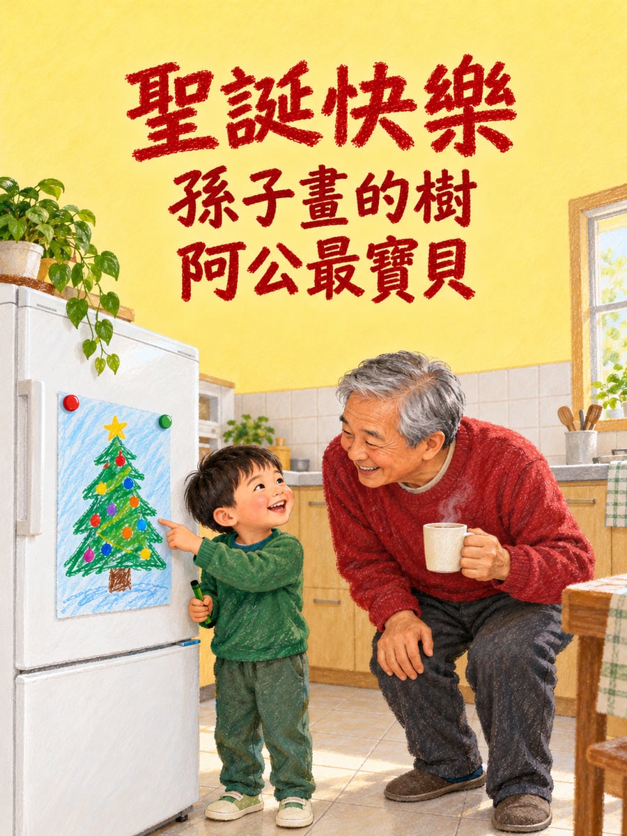 冰箱上孩子畫的聖誕樹。圖中文字：聖誕快樂，孫子畫的樹，阿公最寶貝