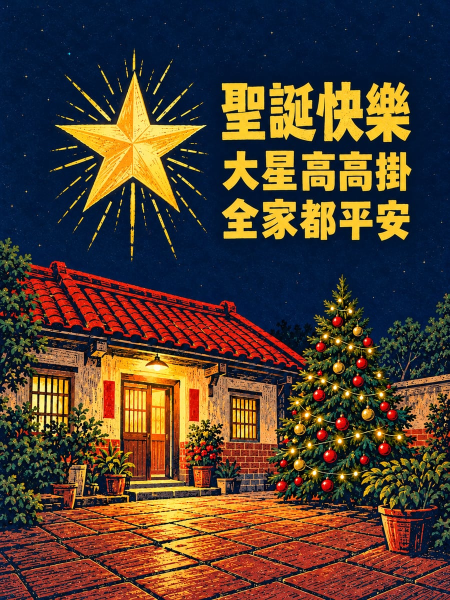 木刻版畫的大星與紅屋。圖中文字：聖誕快樂，大星高高掛，全家都平安