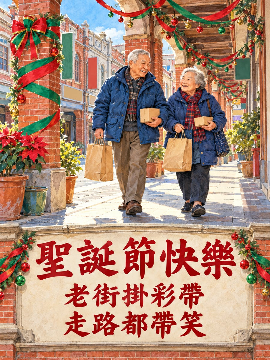 老街掛起紅綠彩帶。圖中文字：聖誕節快樂，老街掛彩帶，走路都帶笑