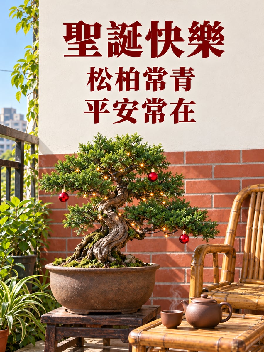 松柏盆景掛紅燈。圖中文字：聖誕快樂，松柏常青，平安常在