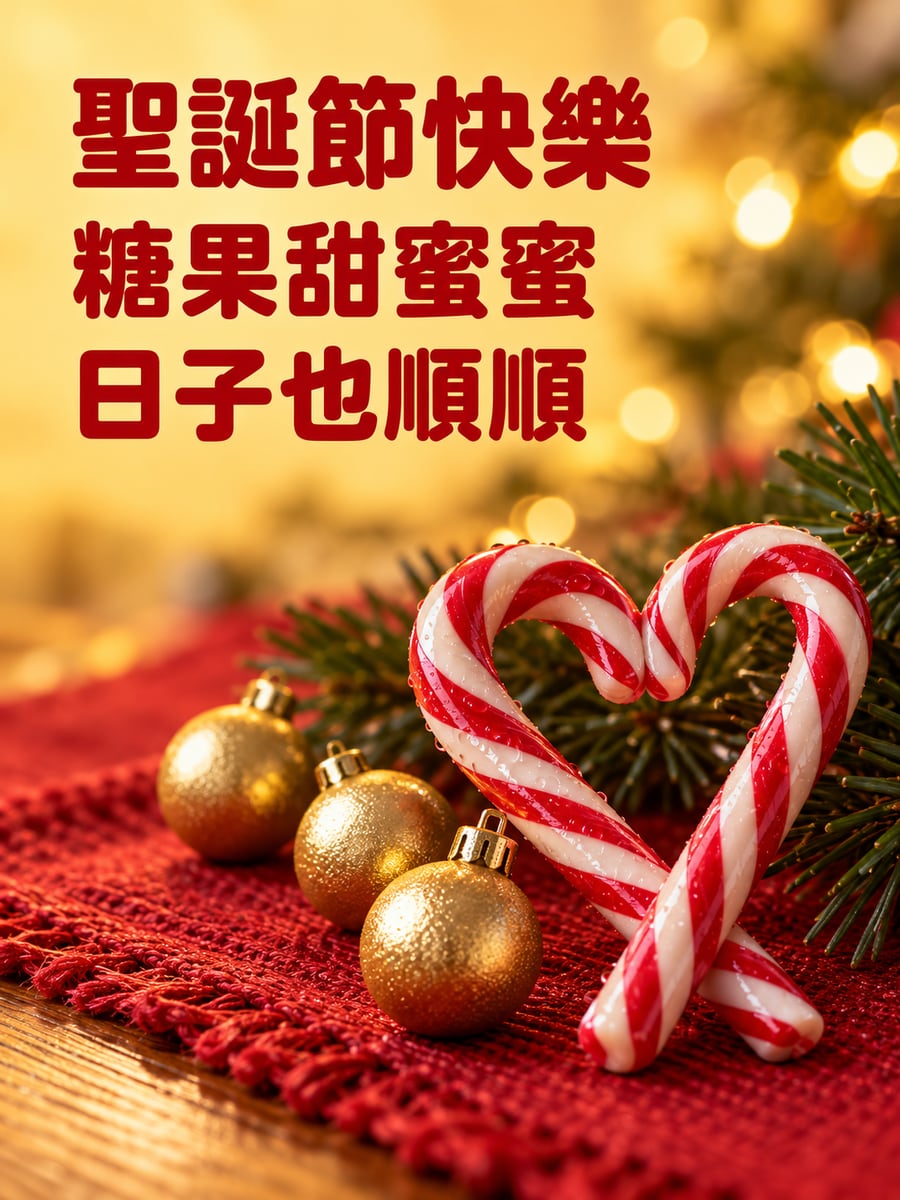 拐杖糖交叉成愛心。圖中文字：聖誕節快樂，糖果甜蜜蜜，日子也順順