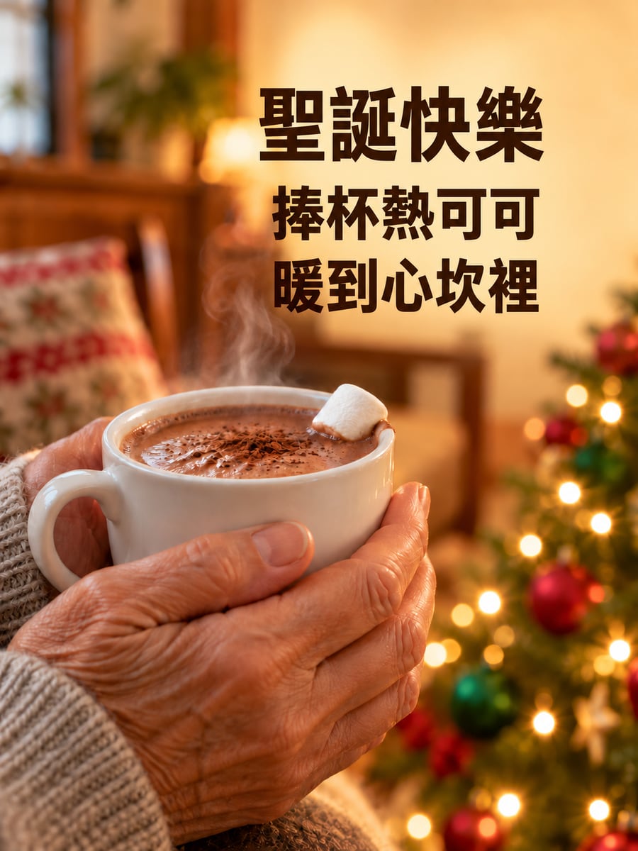 捧著熱可可的雙手。圖中文字：聖誕快樂，捧杯熱可可，暖到心坎裡