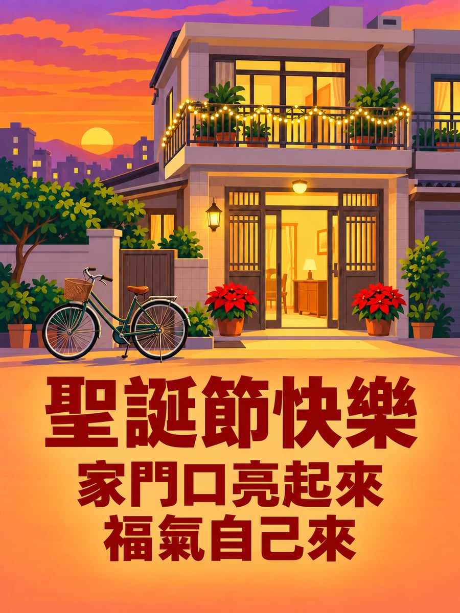 透天厝陽台亮起燈串。圖中文字：聖誕節快樂，家門口亮起來，福氣自己來