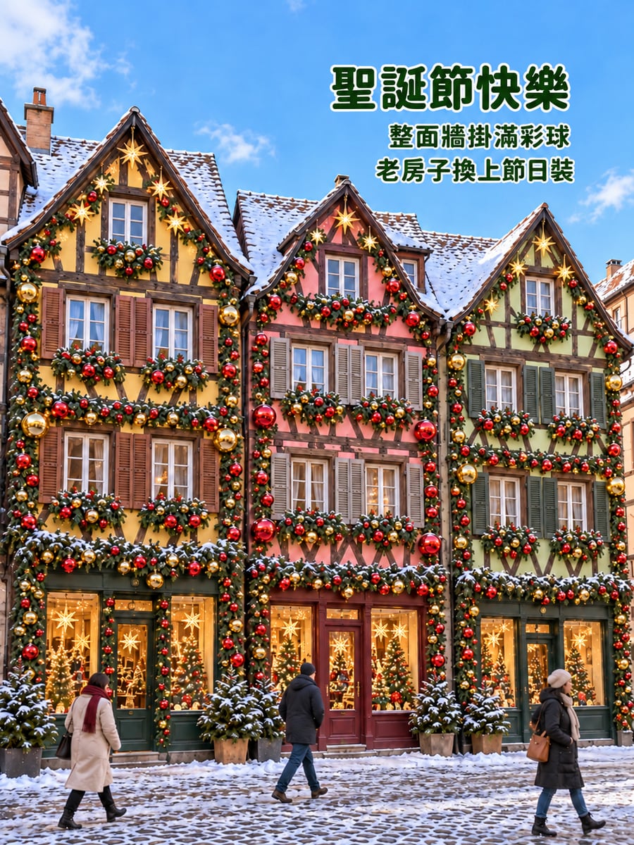 史特拉斯堡彩球屋。圖中文字：聖誕節快樂，整面牆掛滿彩球，老房子換上節日裝