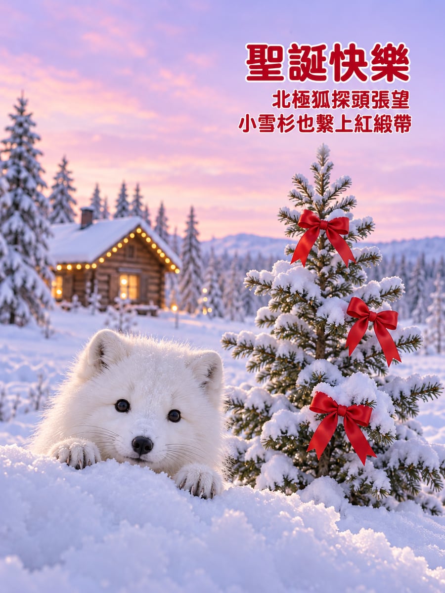 北極狐與小雪杉。圖中文字：聖誕快樂，北極狐探頭張望，小雪杉也繫上紅緞帶