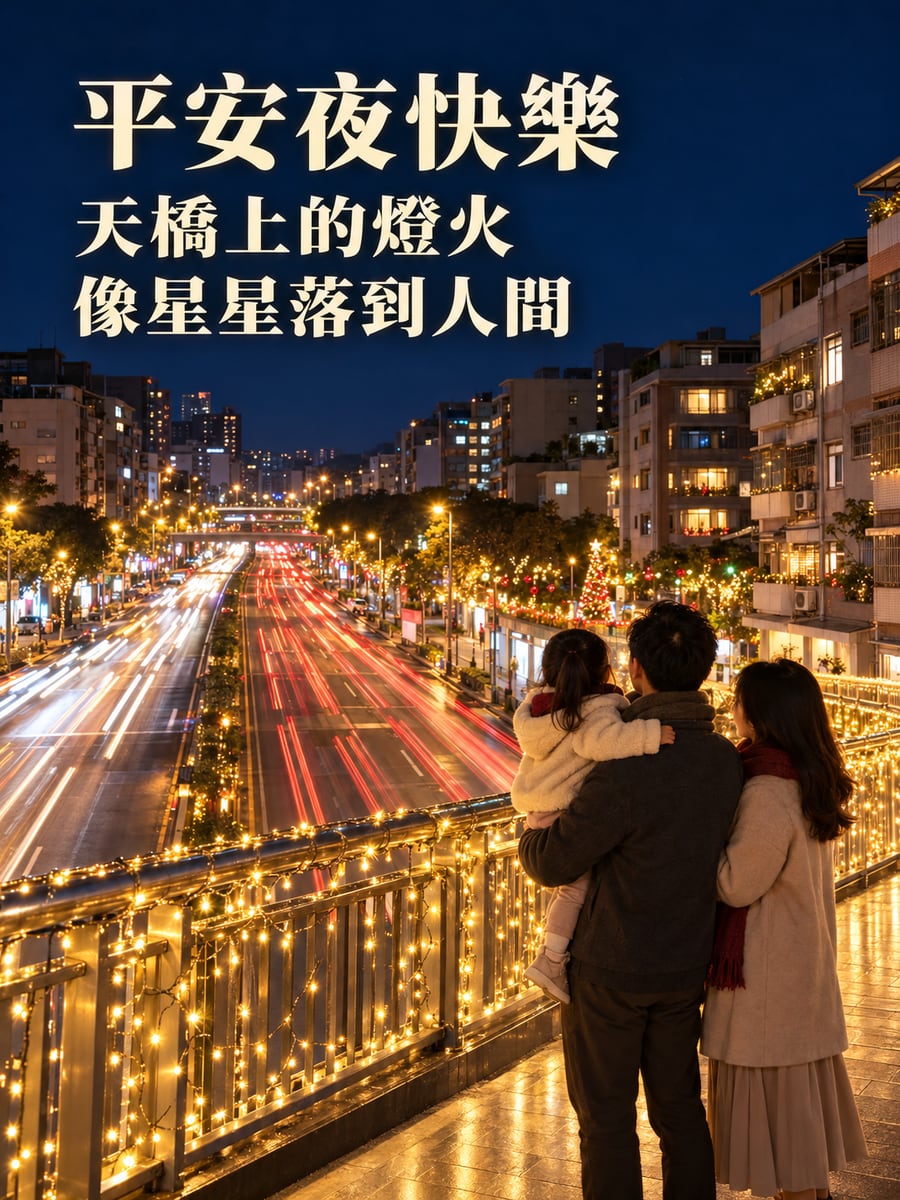 天橋上看車流光軌。圖中文字：平安夜快樂，天橋上的燈火，像星星落到人間