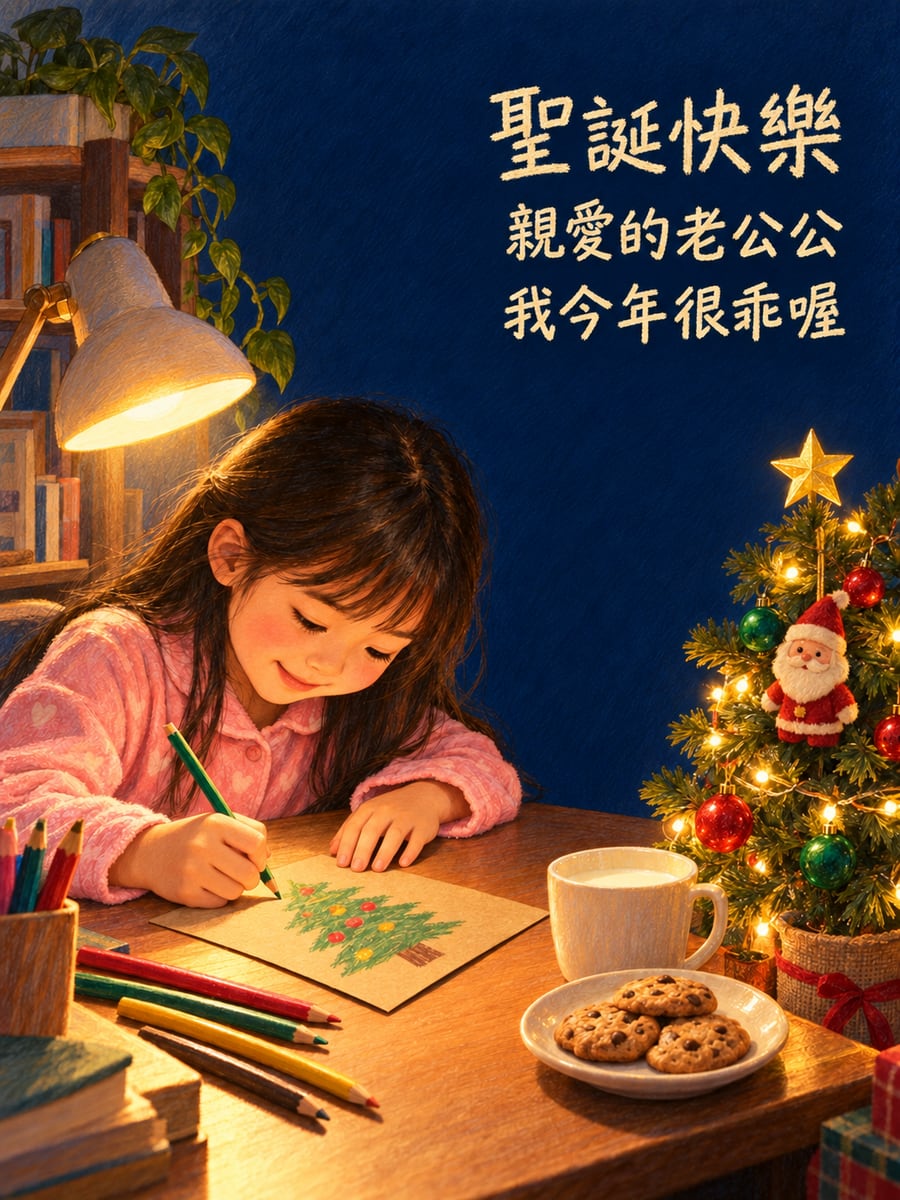 寫給聖誕老公公的卡片。圖中文字：聖誕快樂，親愛的老公公，我今年很乖喔