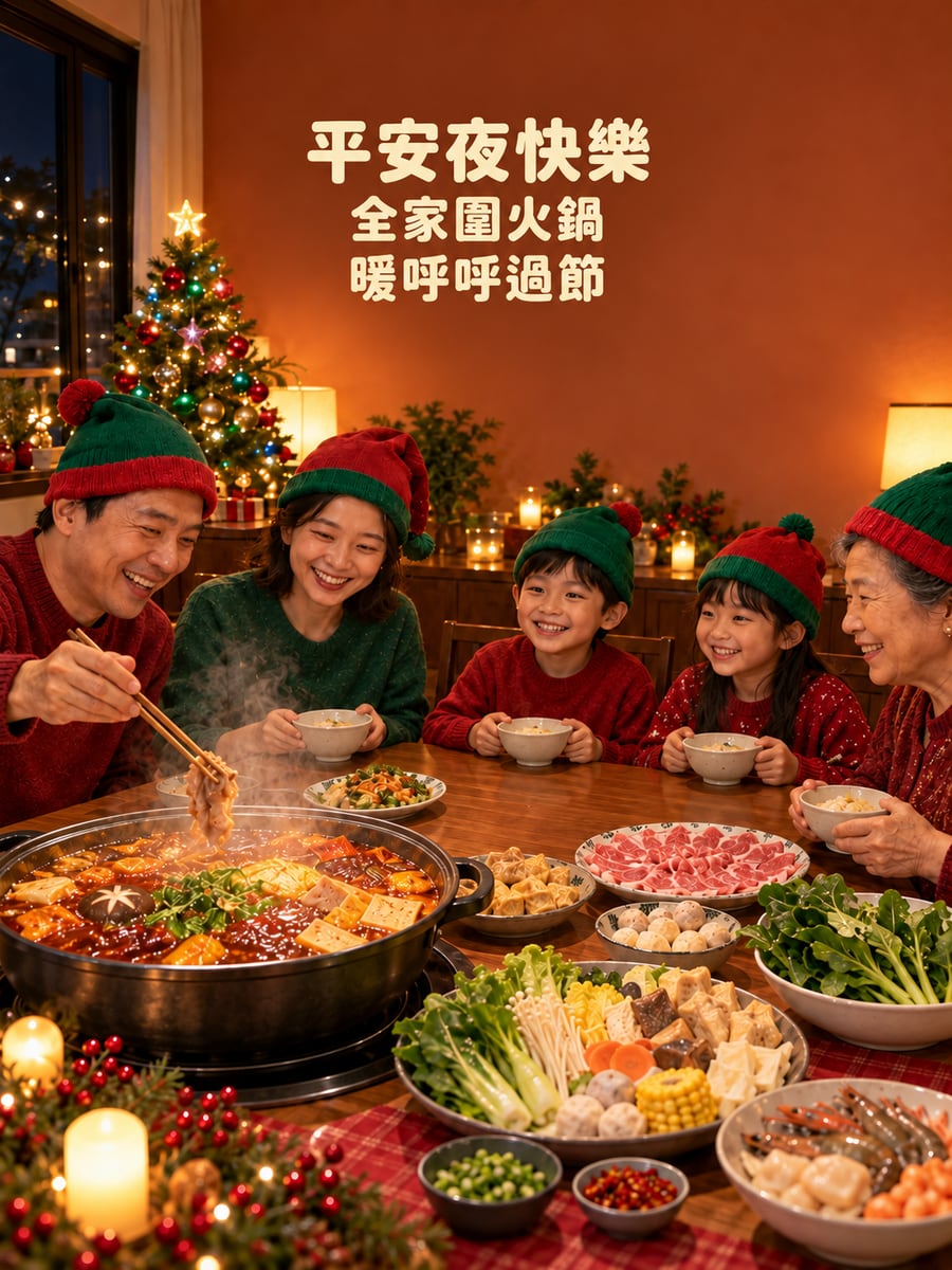 圍著火鍋過平安夜。圖中文字：平安夜快樂，全家圍火鍋，暖呼呼過節
