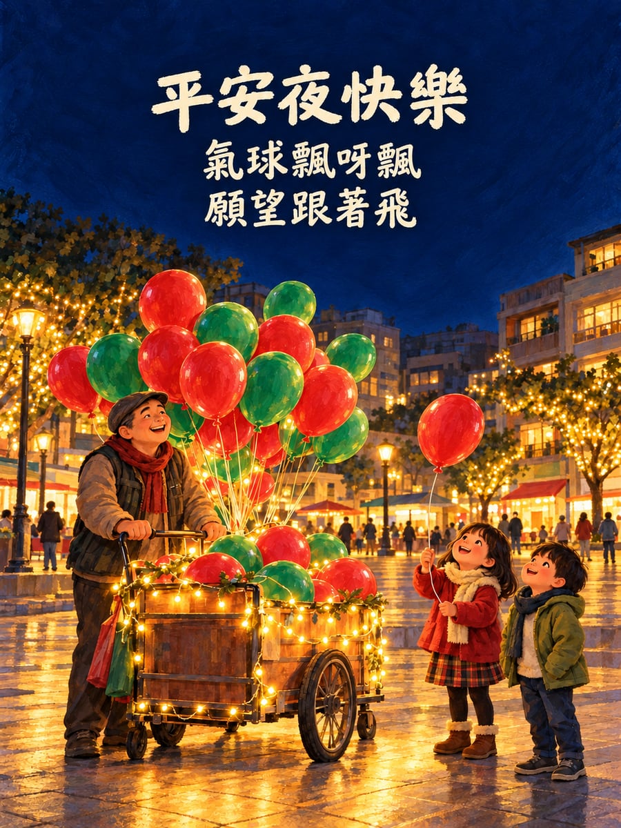 廣場上的氣球攤。圖中文字：平安夜快樂，氣球飄呀飄，願望跟著飛