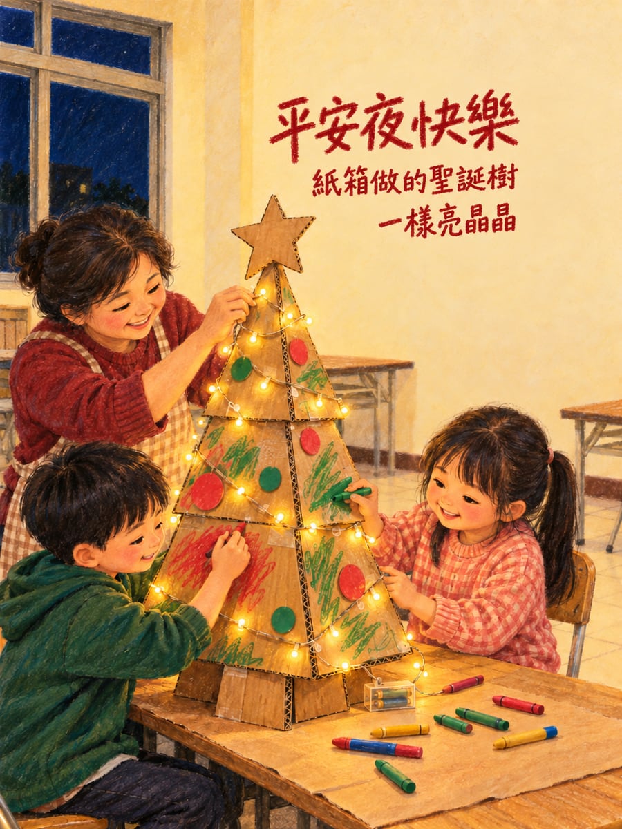 紙箱做的聖誕樹。圖中文字：平安夜快樂，紙箱做的聖誕樹，一樣亮晶晶