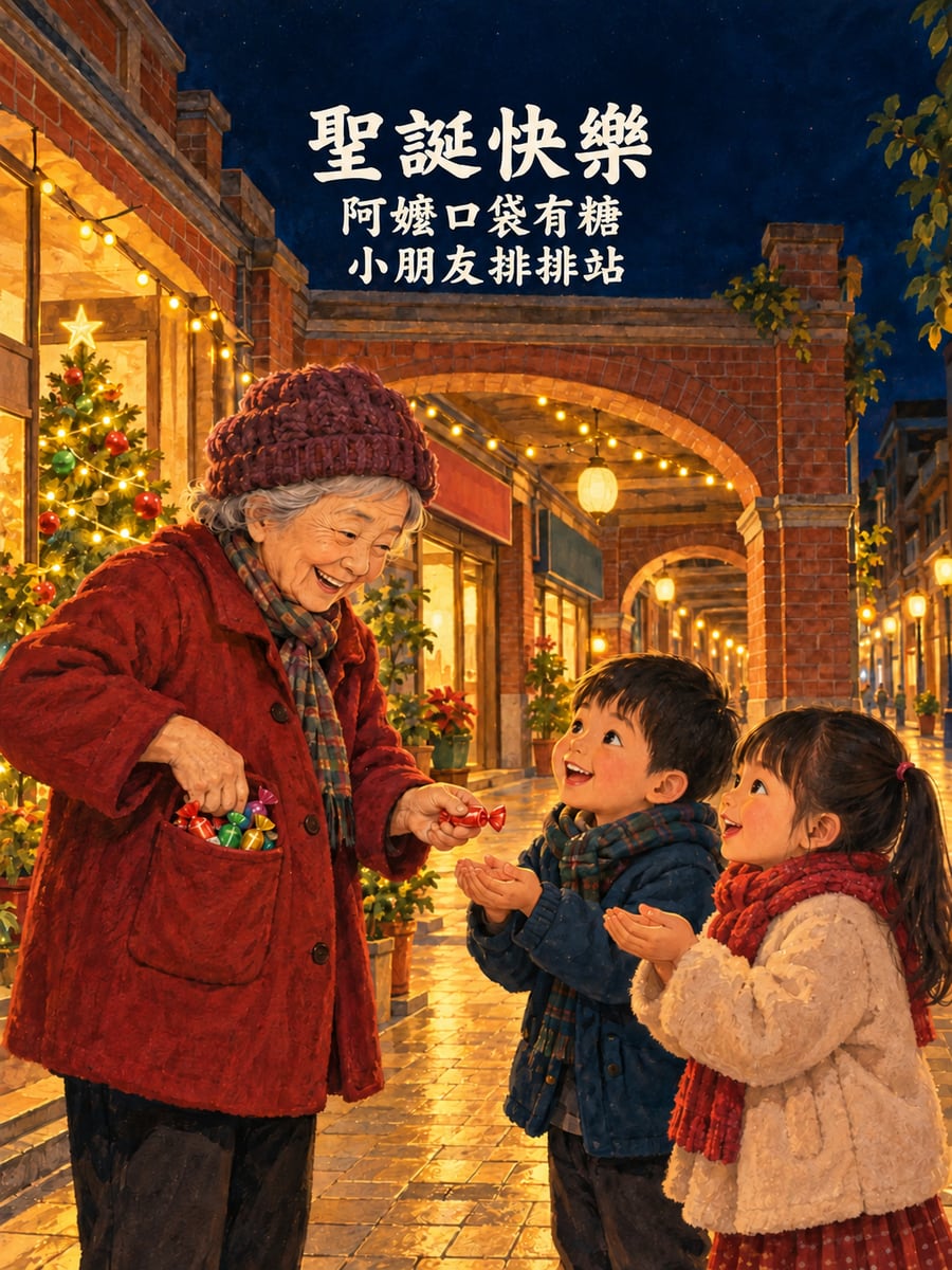 老街上阿嬤發糖果。圖中文字：聖誕快樂，阿嬤口袋有糖，小朋友排排站